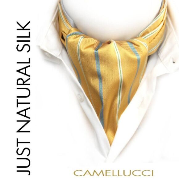 Men's‎ Cravat Ascot Yellow Grey Reversible 100%Silk Gift Box A115 - Picture 7 of 11